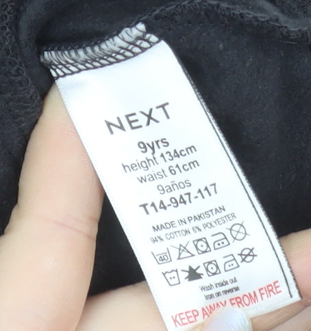 Brand and care label for Next girls’ black biker jacket 9 years cotton blend zip pockets