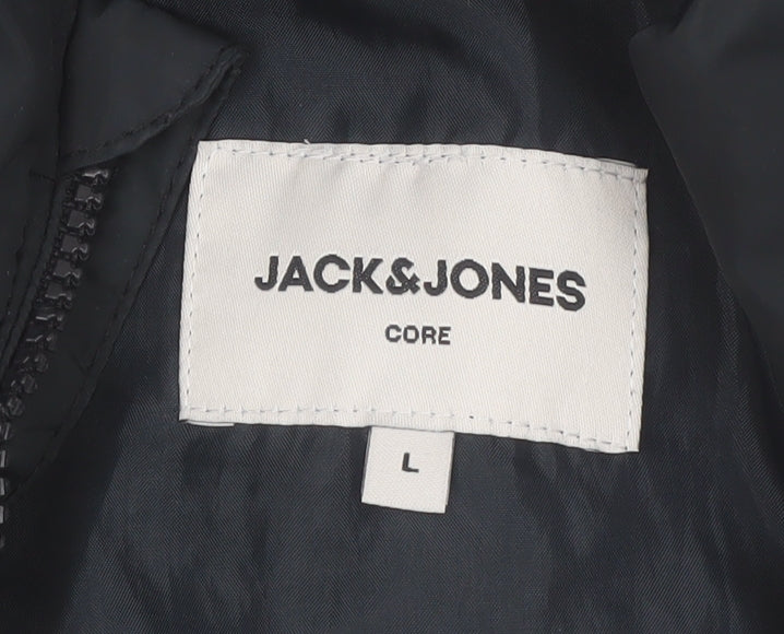 Jack & Jones Men's Black L Puffer Jacket Hooded Full Zip Polyester