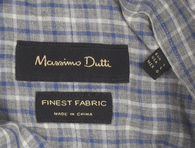 Massimo Dutti Men's Blue Check Button-Up Shirt Size L Long Sleeve Cotton