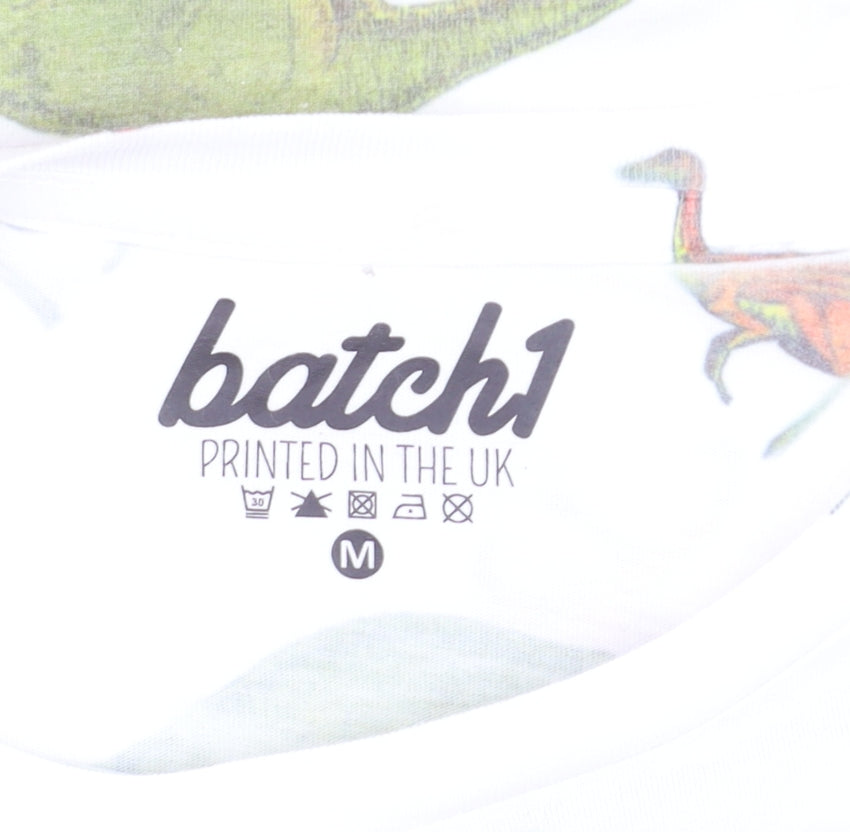 Batch1 Men's White Dinosaur Print Short Sleeve T-Shirt M Regular Fit