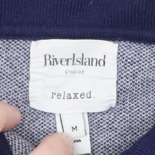 River Island Women Blue Striped Collared Relaxed Fit Jumper M