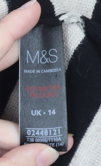 Marks & Spencer Women Black Beige Striped Jumper UK 14 3/4 Sleeve