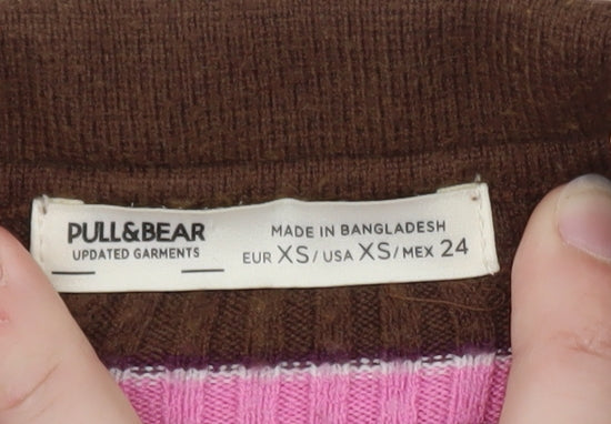 Pull&Bear Women's Brown Striped Collared Cardigan XS Slim Fit Knitwear