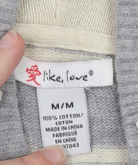 Like Love Women Grey Striped Hooded Cardigan M 100% Cotton Knit