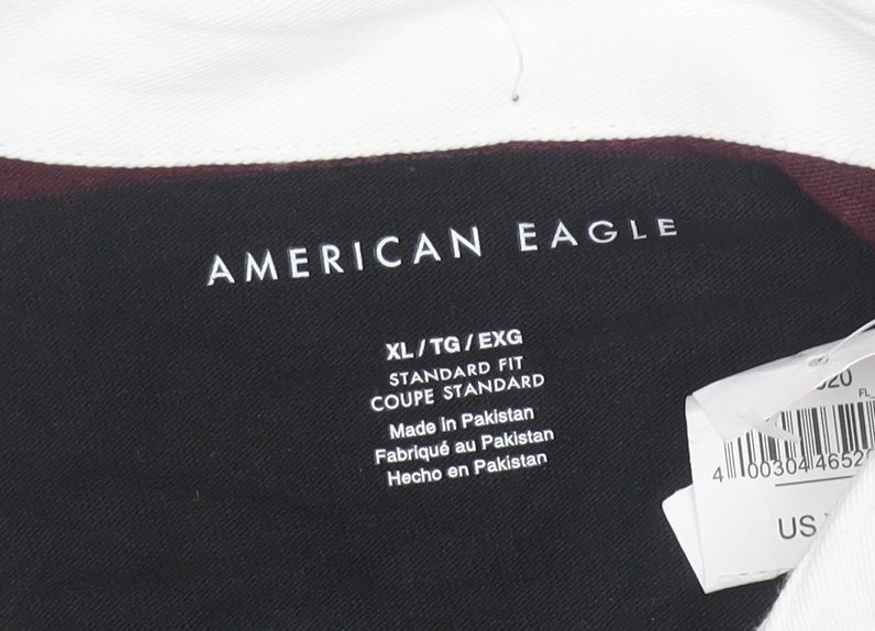 American Eagle Men’s XL Burgundy Black Striped Long Sleeve Polo Shirt