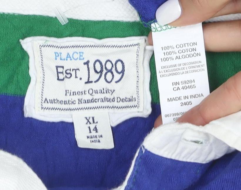 PLACE Mens Blue Green Striped Rugby Polo Shirt XL Long Sleeve Cotton