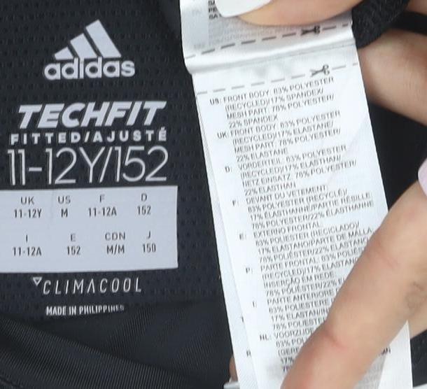 Brand and care label for adidas boys’ black 11-12 years techfit long sleeve training top