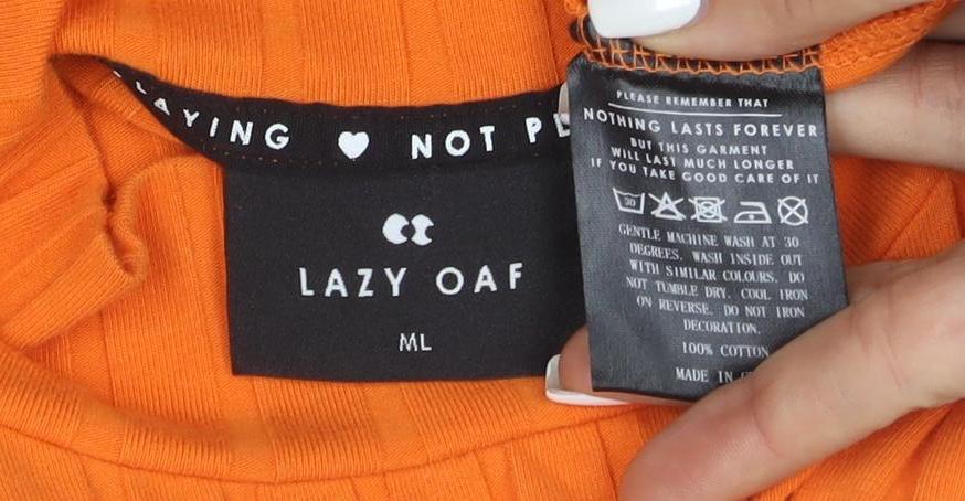 Lazy Oaf Orange Ribbed Mock Neck Heart Cut Out Cropped Top Women's M