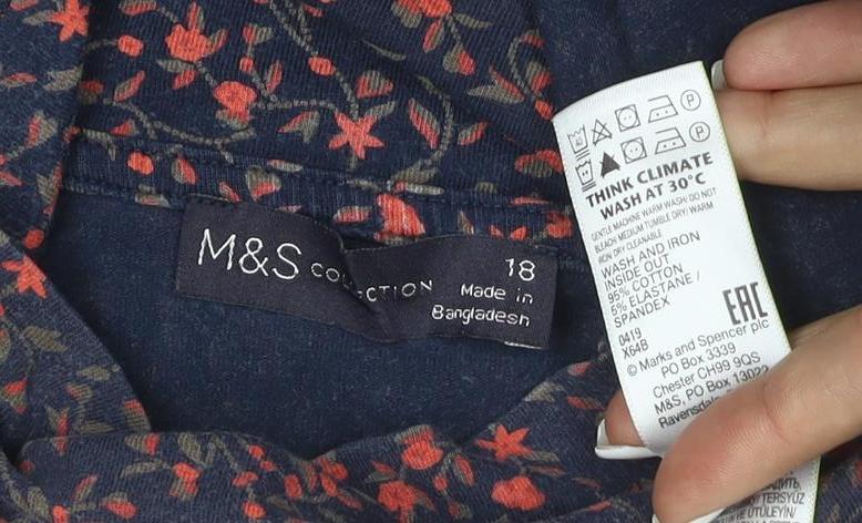 Marks & Spencer Women’s Blue Floral Roll Neck Long Sleeve T-Shirt Size 18