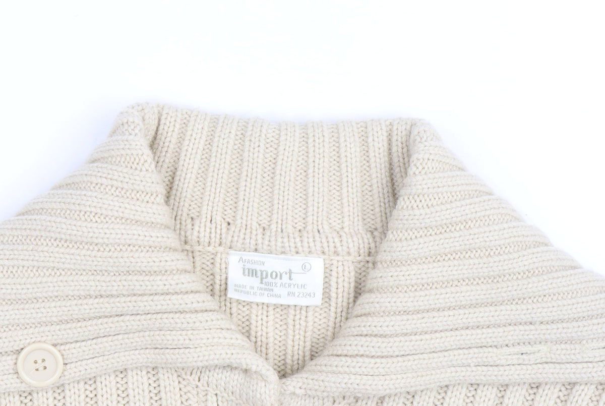 Import Men's Beige Striped Cable-Knit Cardigan L Long Sleeve