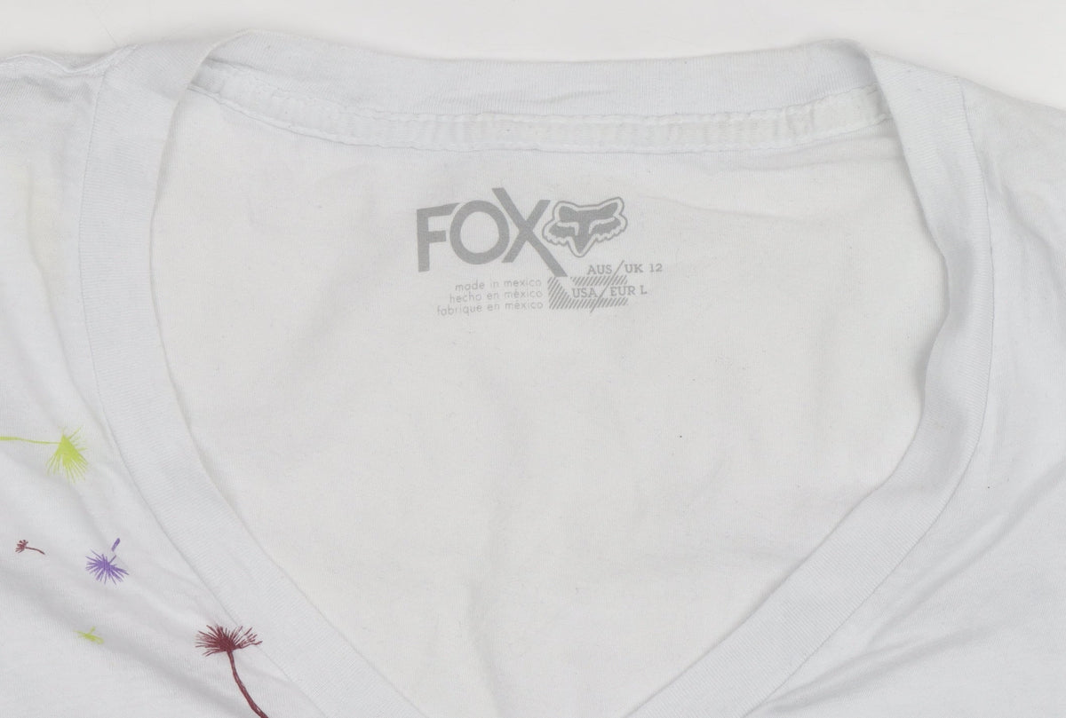 Fox Womens White Graphic V-Neck Short Sleeve Cotton T-Shirt Size L