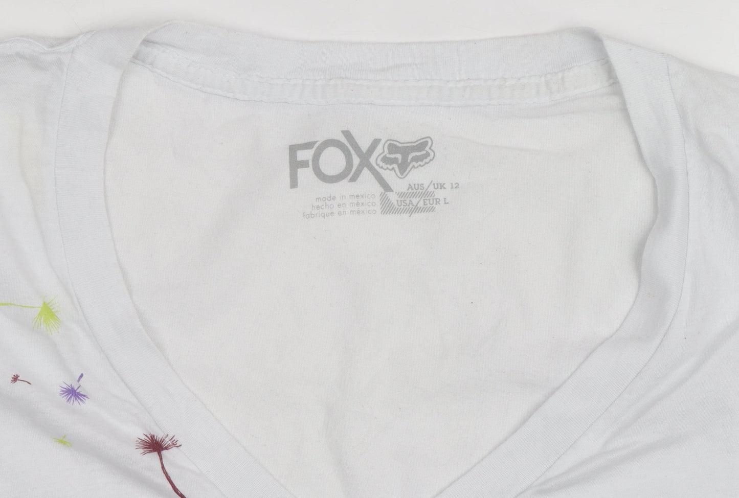 Fox Womens White Graphic V-Neck Short Sleeve Cotton T-Shirt Size L