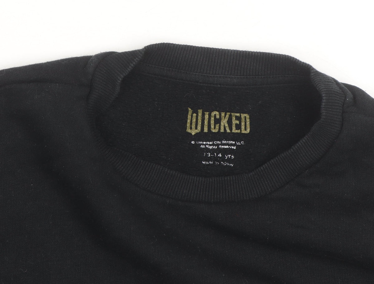 Brand and care label for Wicked girls’ black pullover sweatshirt 13-14 years fairytale graphic print