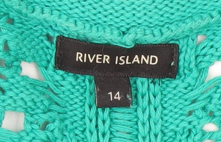 River Island Women Green Crochet Knit Jumper Size 14 Relaxed Fit