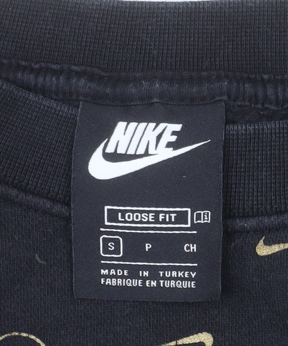 Nike Women Black Gold Logo Loose Fit Pullover Sweatshirt Size S