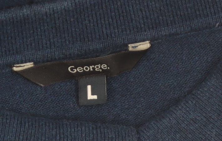 George Mens Blue Collared Henley Cotton Jumper Size L