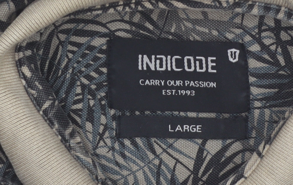 Indicode Men’s Beige Tropical Leaf Print Polo Shirt Size L