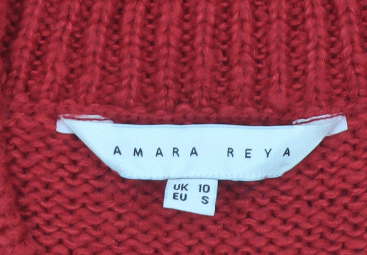 Amara Reya Women's Red Cable-Knit V-Neck Jumper Size 10