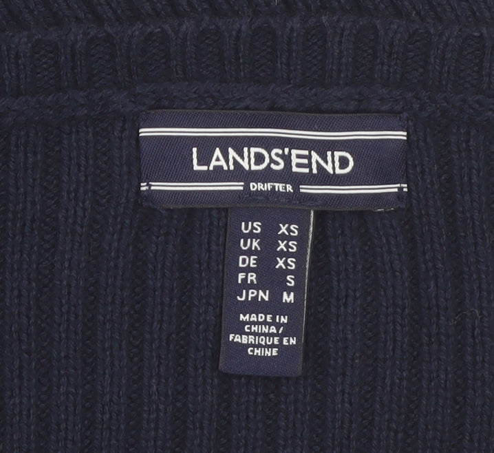 Lands' End Women's Blue Cable-Knit Cotton V-Neck Jumper XS