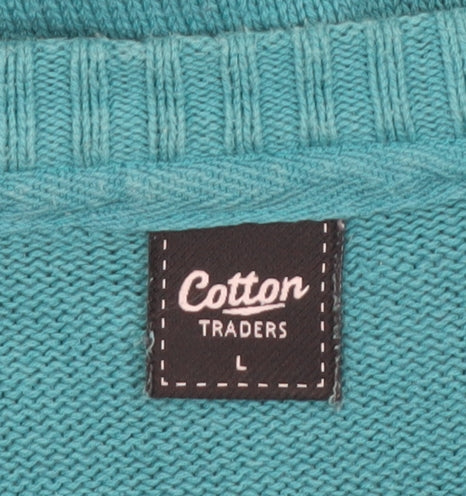 Cotton Traders Men's Green Henley Jumper Size L 100% Cotton