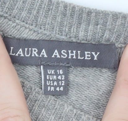 Laura Ashley Women Grey Striped Crew Neck Cotton Cashmere Cardigan Size 16