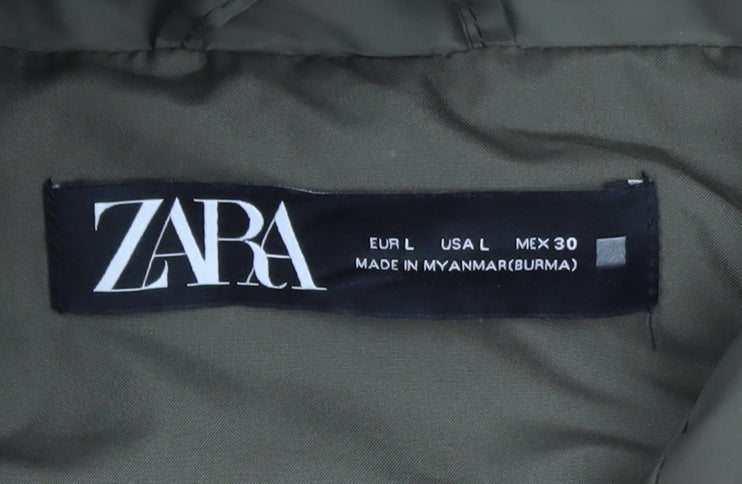 Zara Women's Green Long Hooded Puffer Waistcoat Size 14