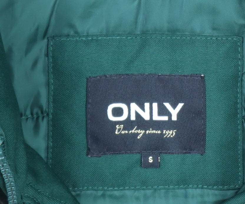 Brand and care label for Only Women's Green Faux Fur Trim Hooded Parka Coat, size S