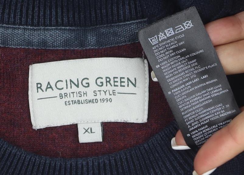 Racing Green Men's Blue Cable-Knit Cotton Jumper XL Crew Neck