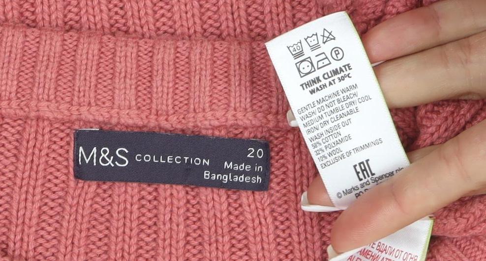 Marks & Spencer Women's Pink Crew Neck Short Sleeve Cotton Wool Jumper Size 20