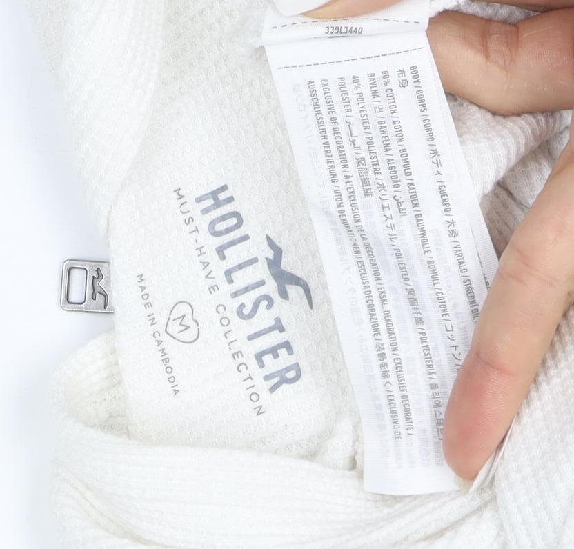 Hollister Women's White Full Zip Hoodie Medium Waffle Knit Cotton Blend