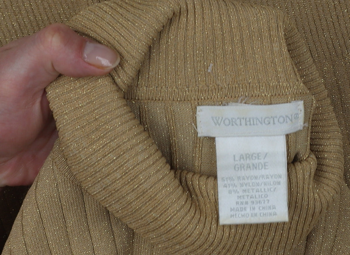 Worthington Women Beige Roll Neck Ribbed Knit Jumper Size L