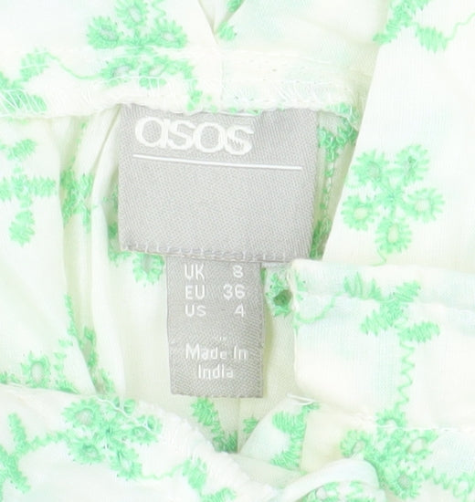 ASOS Women Green Floral Cotton Swing Dress Size 8 Sleeveless V-Neck