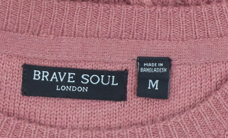 Brave Soul Men’s Pink Cable-Knit Crew Neck Jumper M