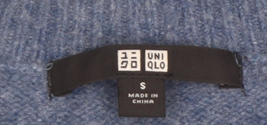 Uniqlo Men's Blue Colour Block Crew Neck Wool Blend Jumper Size S