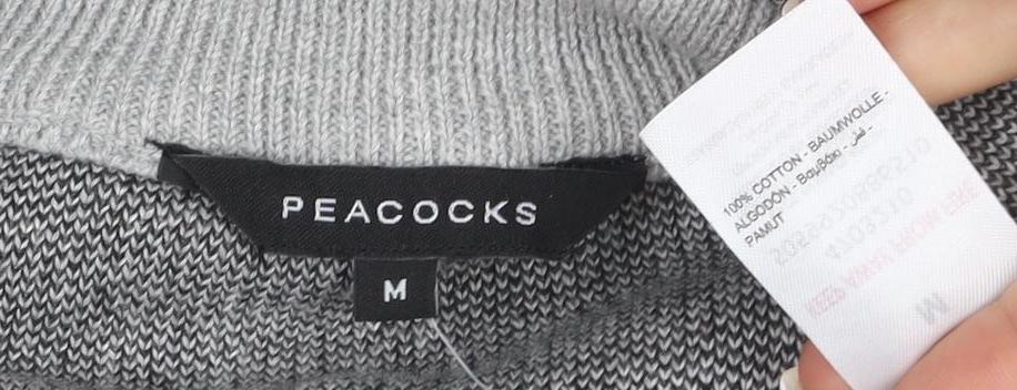 Peacocks Men's Grey Striped Half Zip High Neck Cotton Jumper Size M
