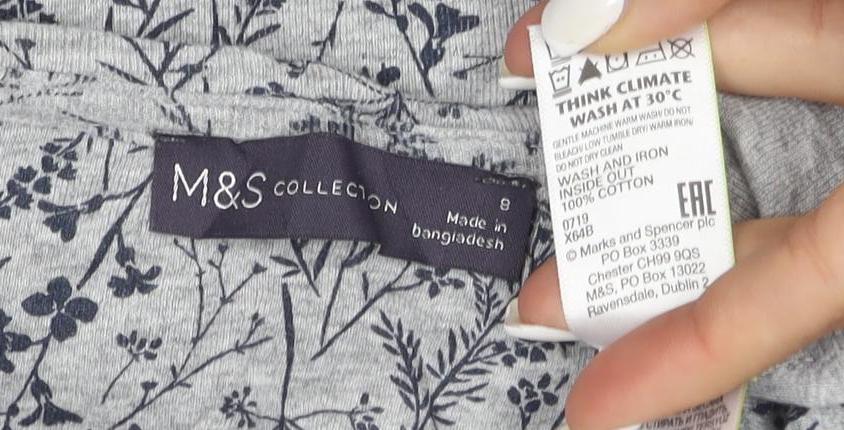 Marks & Spencer Women’s Grey Floral Long Sleeve Cotton T-Shirt Size 8