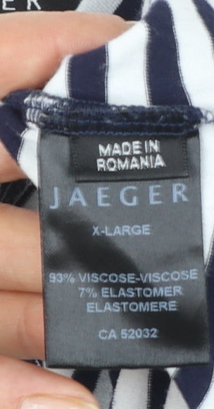 Brand and care label for Jaeger women’s blue striped 3/4 sleeve scoop neck jersey top xl