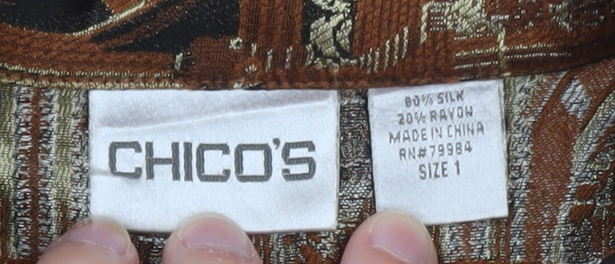 Chico’s Women Brown Architectural Print Silk Blend Suit Jacket Size M