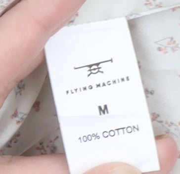 Flying Machine Men's Beige Floral Cotton Long Sleeve Button-Up Shirt M