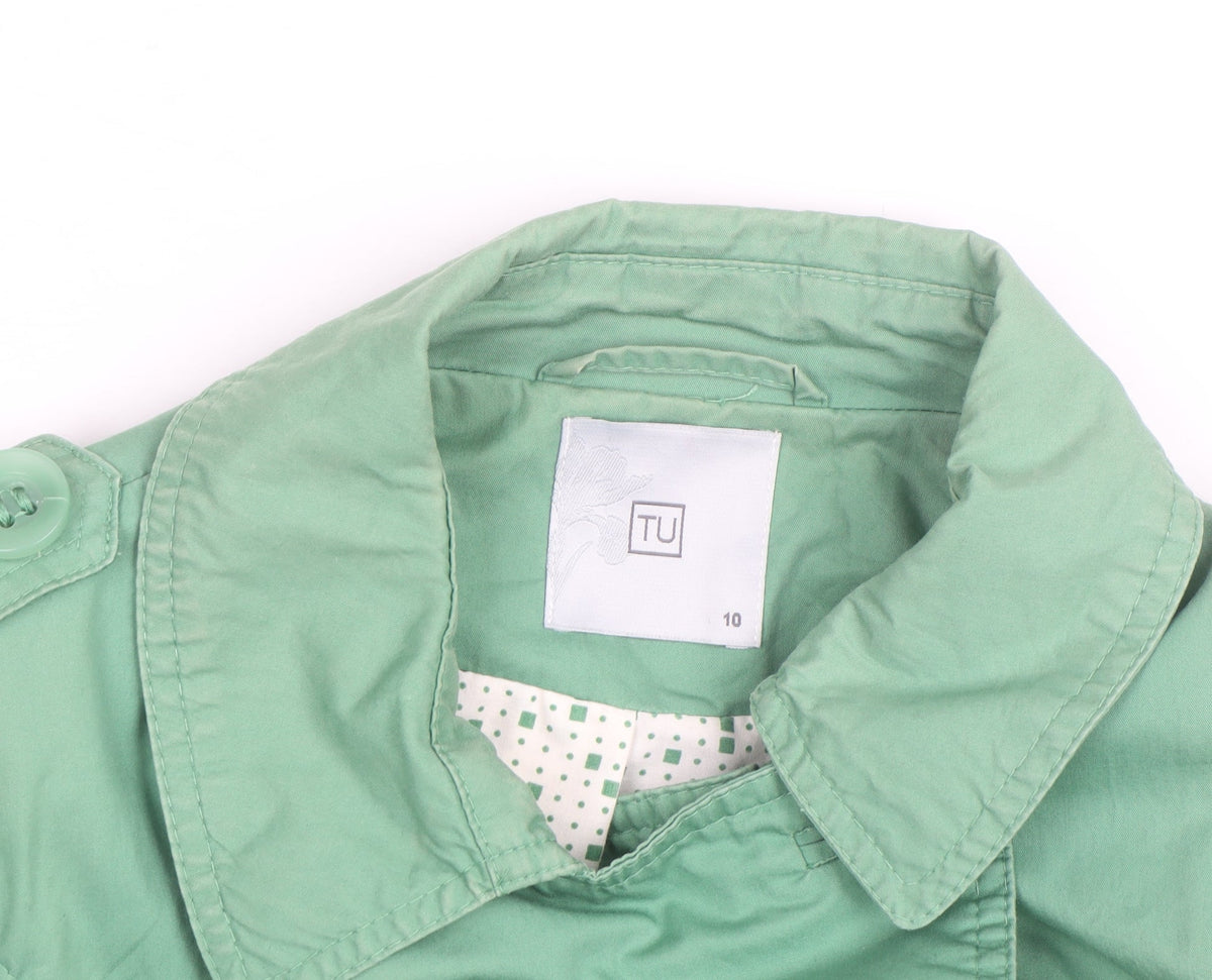 Tu Women Green Cotton Trench Coat Size 10 Mid-Length Classic Style