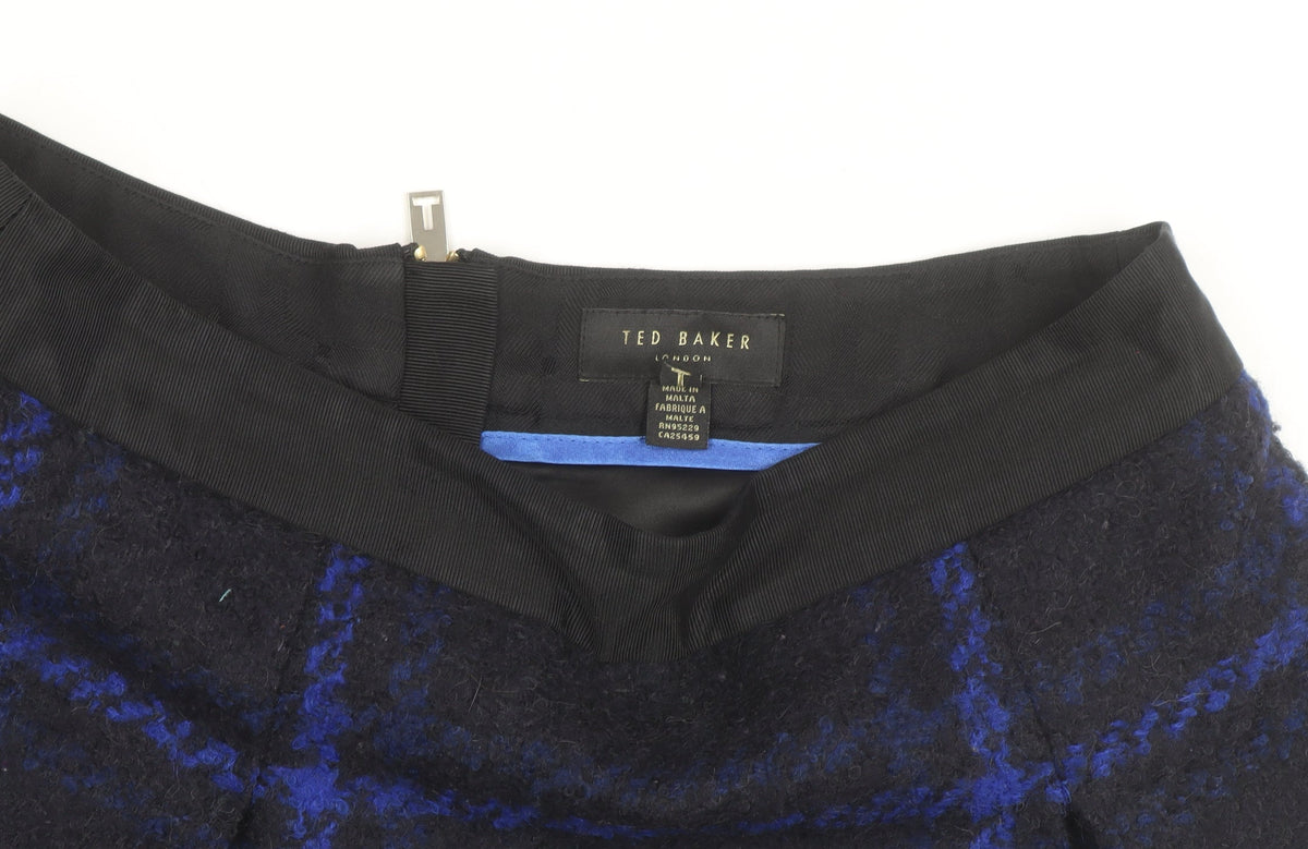 Ted Baker Womens Blue Check Wool Blend A-Line Short Skirt Size 8