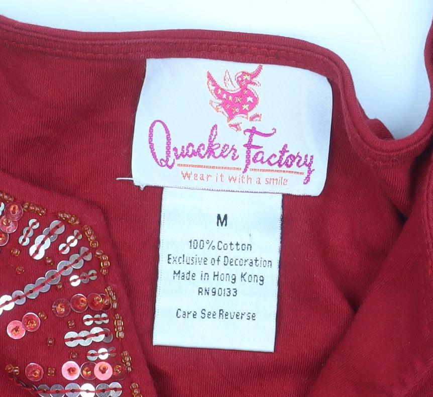 Quacker Factory Women Red Sequin Long Sleeve Cotton Tunic M