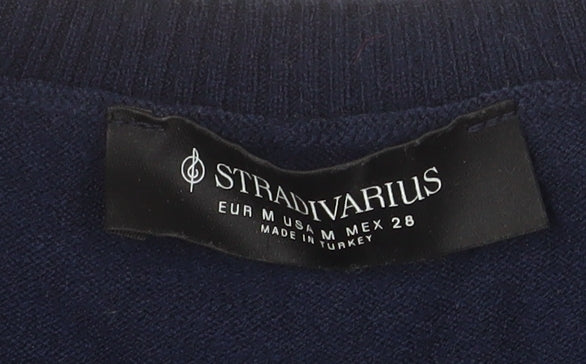 Stradivarius Women's Blue V-Neck Knit Jumper Size 12