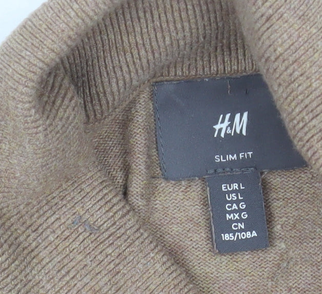 H&M Men’s Beige Slim Fit Roll Neck Jumper Size L Cotton Cashmere