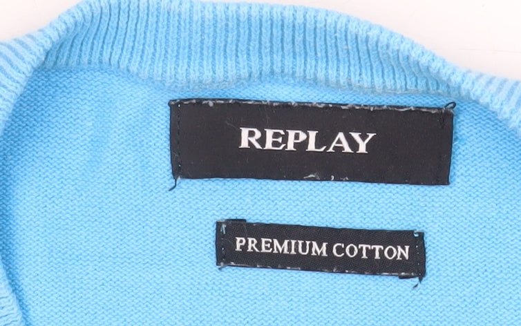 Replay Mens Blue Cotton Crew Neck Jumper Size L