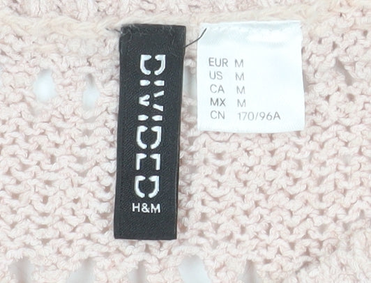 H&M Women Pink Open-Knit Cotton Jumper Size 12 Ruffle Hem Pullover