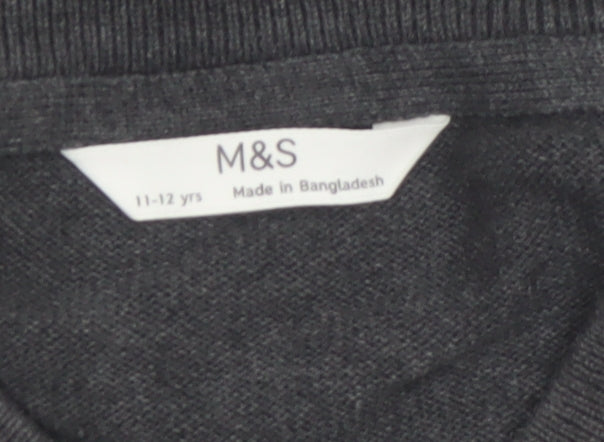 Marks and Spencer Boys Grey 11-12 Years V-Neck Cotton Jumper