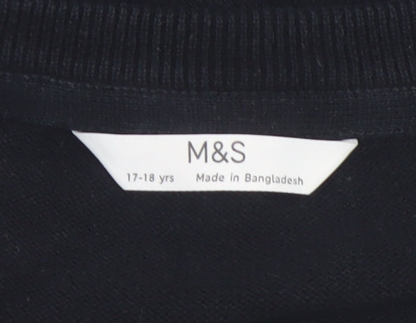 Marks & Spencer Boys Black V-Neck Cotton Jumper 17-18 Years Classic Fit