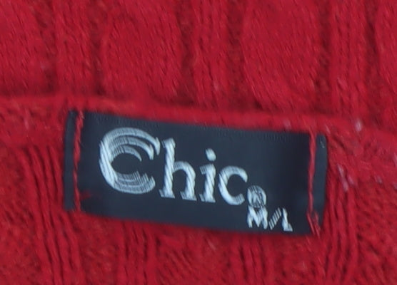 Chic Womens Red Cable-Knit V-Neck Pullover Jumper M/L
