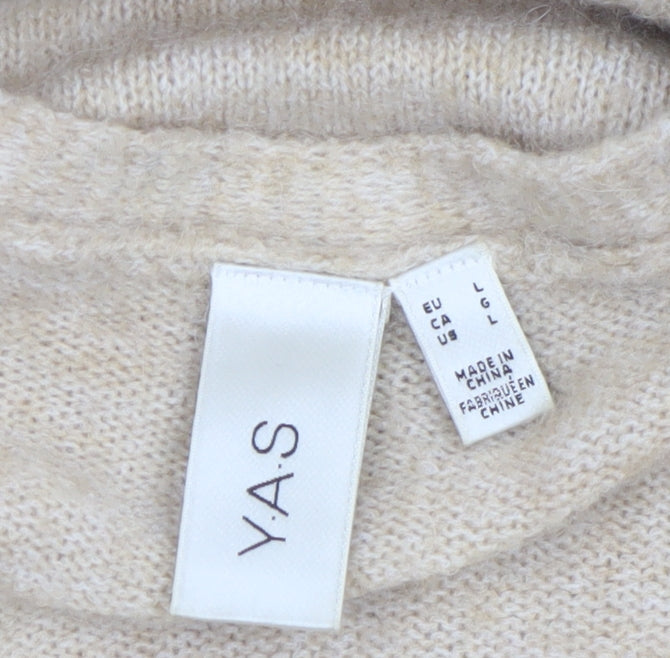 Y.A.S Women Beige Long Knit Cardigan L Open Front Pockets Relaxed Fit